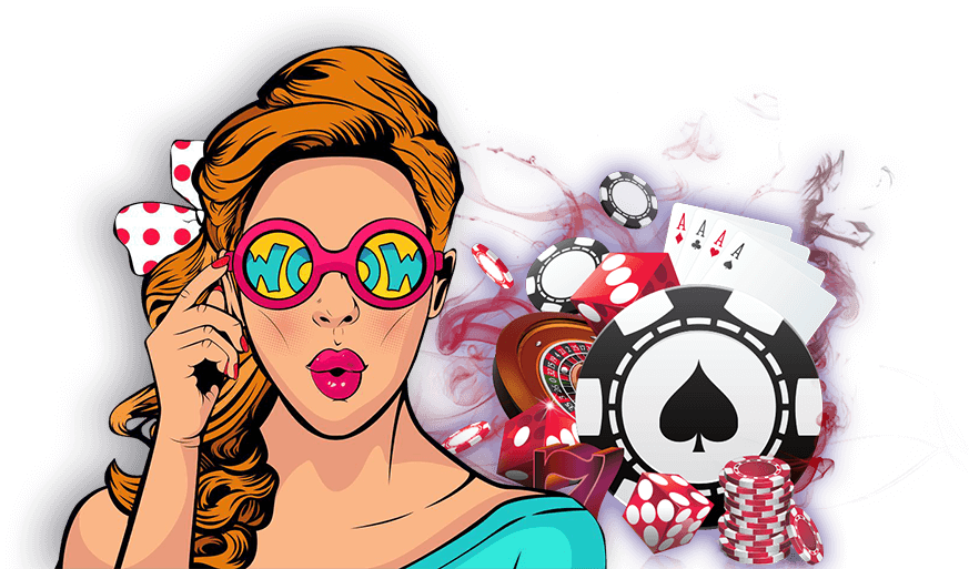 Pin Up Casino — персонаж в стиле поп-арт, карты и игровые фишки